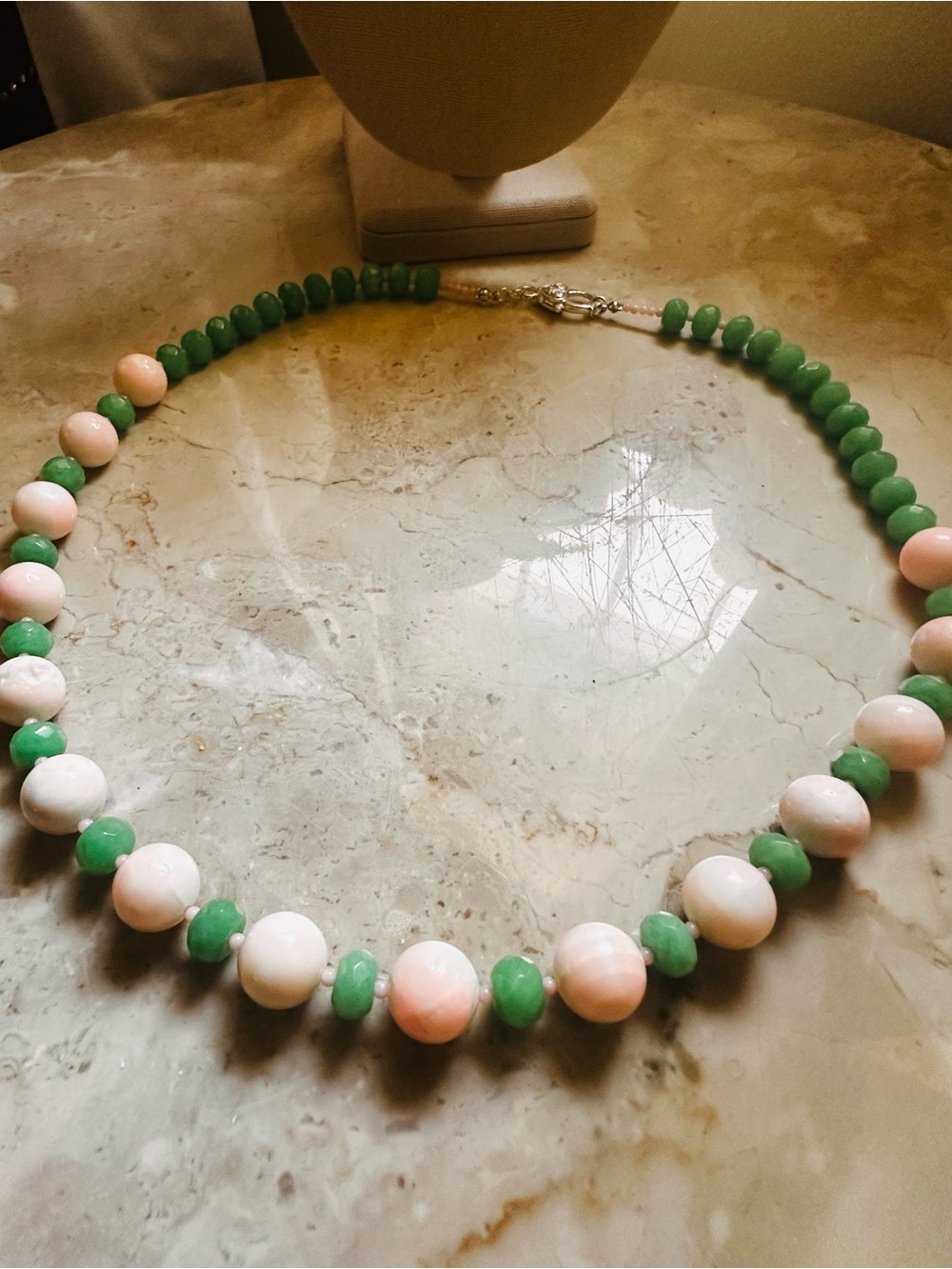 Green Jade and Pale Pink AngelSkin Coral Beaded Necklace - Women Jewelry - Picture 8 of 13